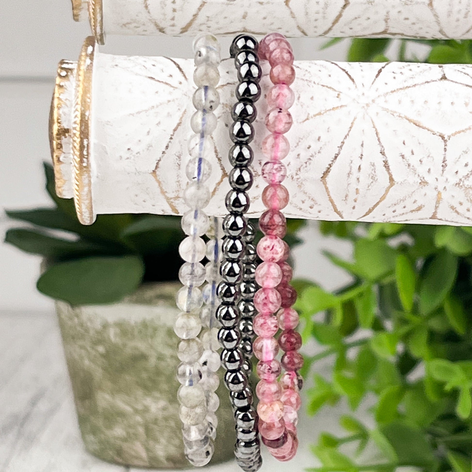 Gemstone Strength Stack Bracelet Set: Hematite Labradorite Red Aventurine 4mm Bead Elastic Bracelets - Grounding, Creativity, Strength - Crystals for everyone • Crystals And Cord