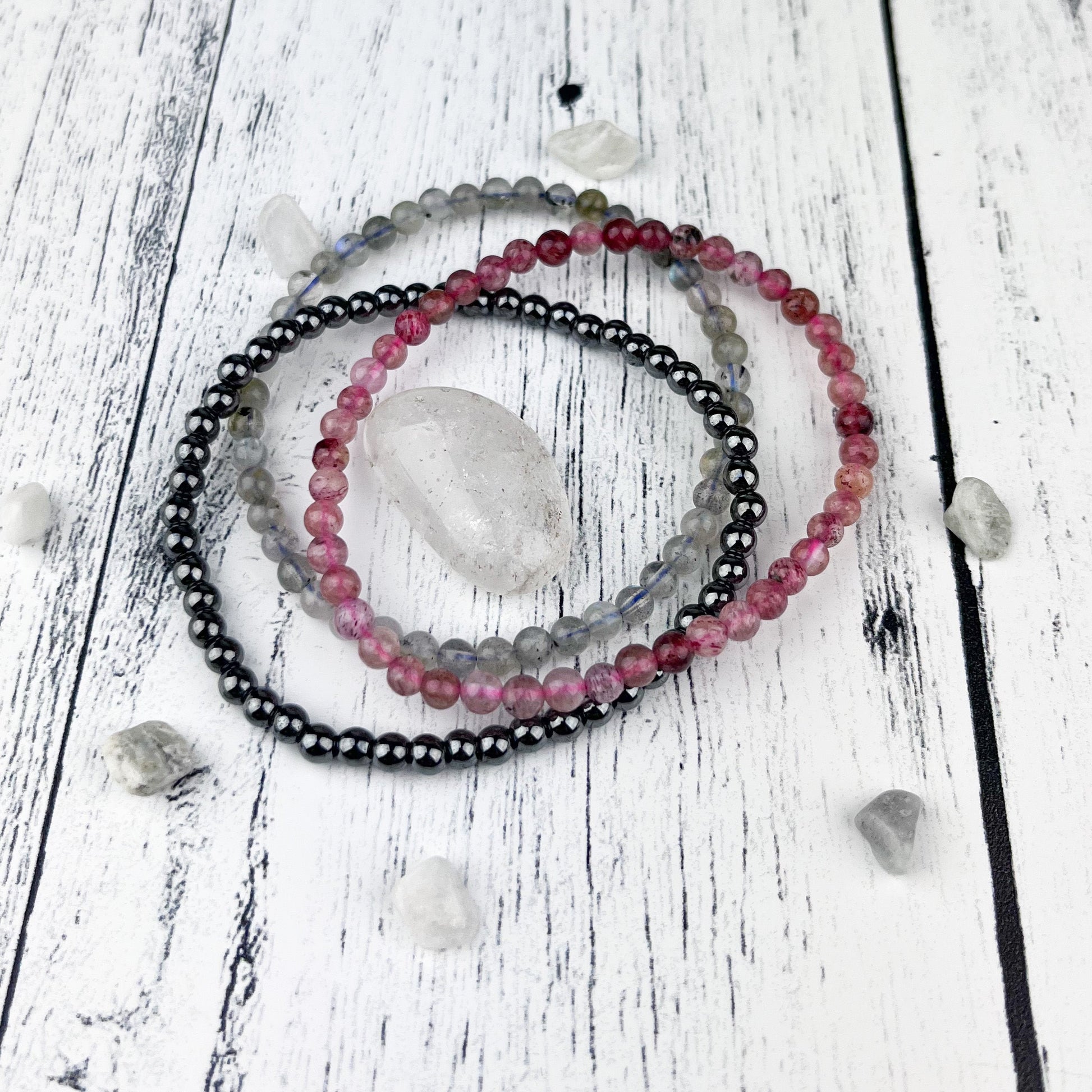 Gemstone Strength Stack Bracelet Set: Hematite Labradorite Red Aventurine 4mm Bead Elastic Bracelets - Grounding, Creativity, Strength - Crystals for everyone • Crystals And Cord