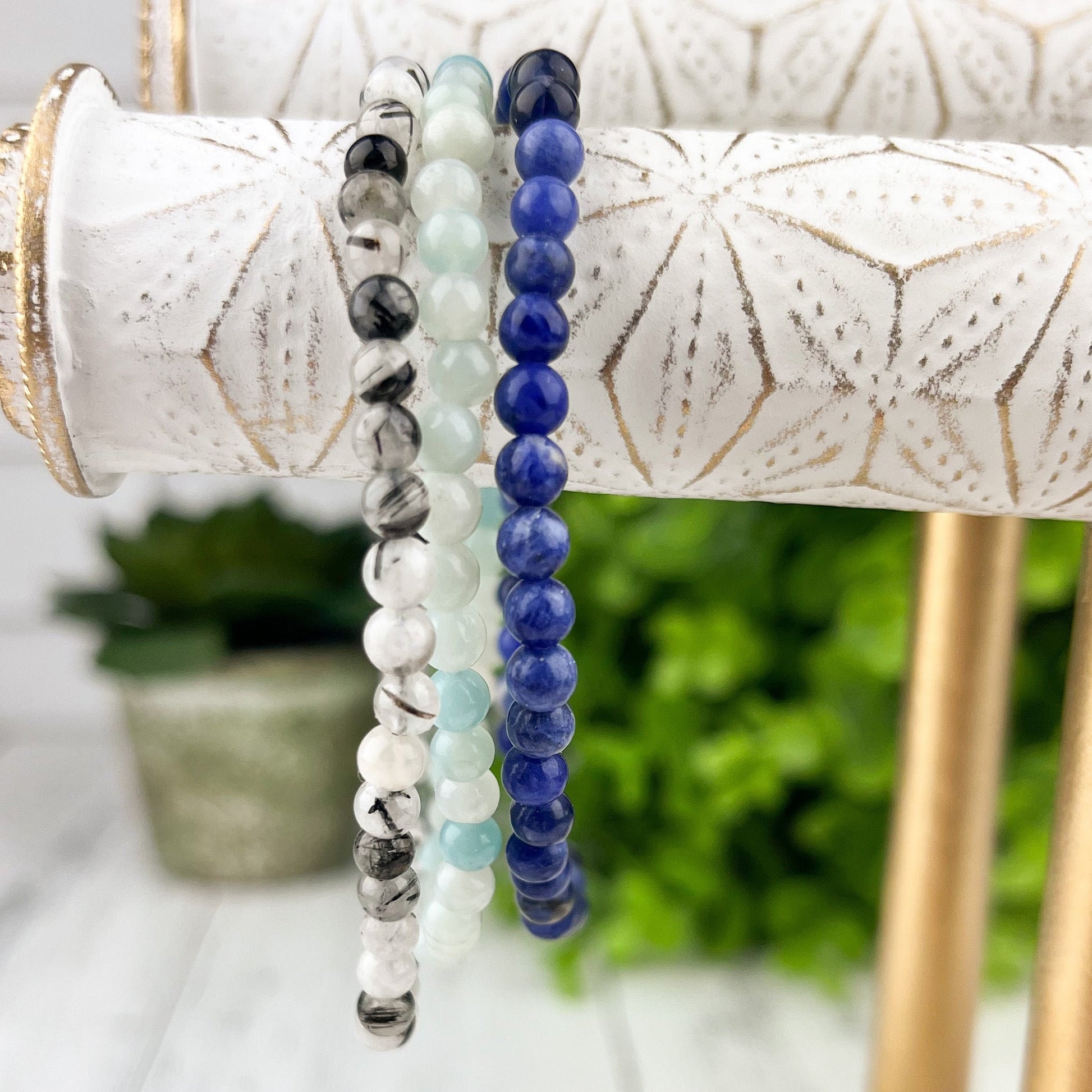 Gemstone Abundance Stack Bracelet Set - Sodalite, Amazonite, Tourmalated Quartz - Balance & Harmony Energy Jewelry for Intuition - - Crystals for everyone • Crystals And Cord