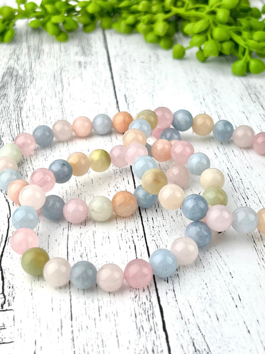 Stunning Morganite Gemstone Bracelet - 8mm Beads, Heart Stone, Calming Energy, Elastic Bracelet - Handmade Jewelry Gift - Crystals for everyone • Crystals And Cord