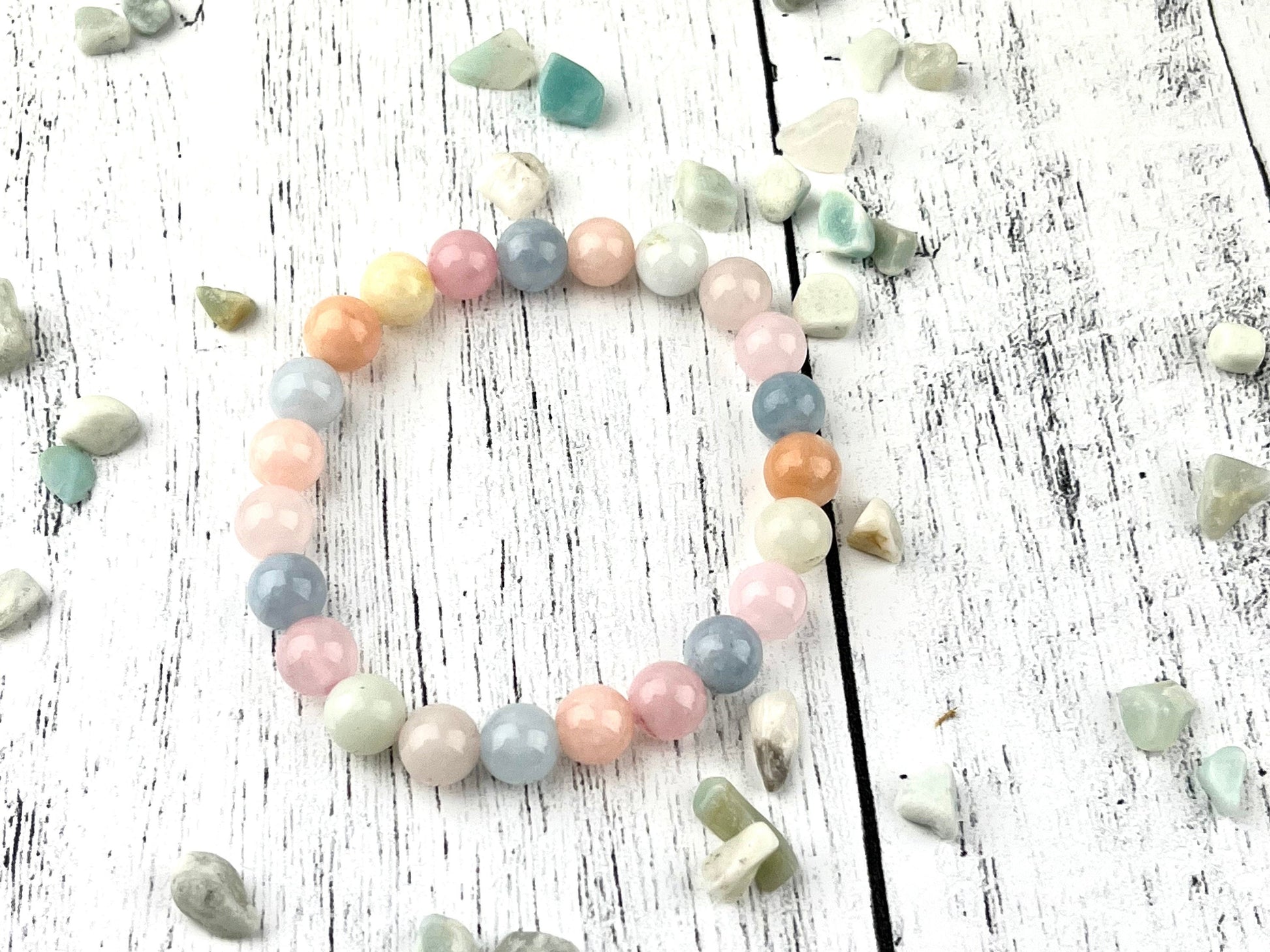 Stunning Morganite Gemstone Bracelet - 8mm Beads, Heart Stone, Calming Energy, Elastic Bracelet - Handmade Jewelry Gift - Crystals for everyone • Crystals And Cord