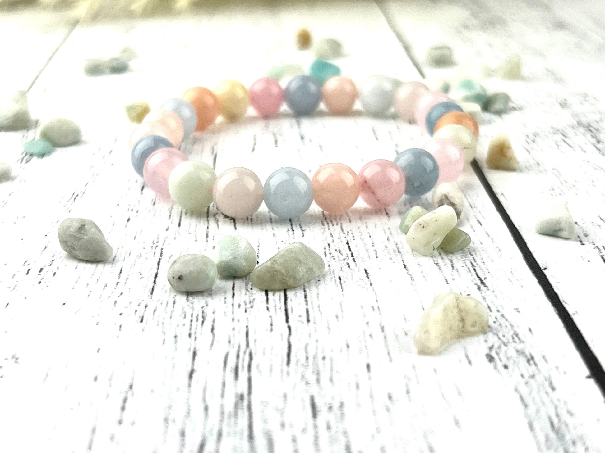 Stunning Morganite Gemstone Bracelet - 8mm Beads, Heart Stone, Calming Energy, Elastic Bracelet - Handmade Jewelry Gift - Crystals for everyone • Crystals And Cord