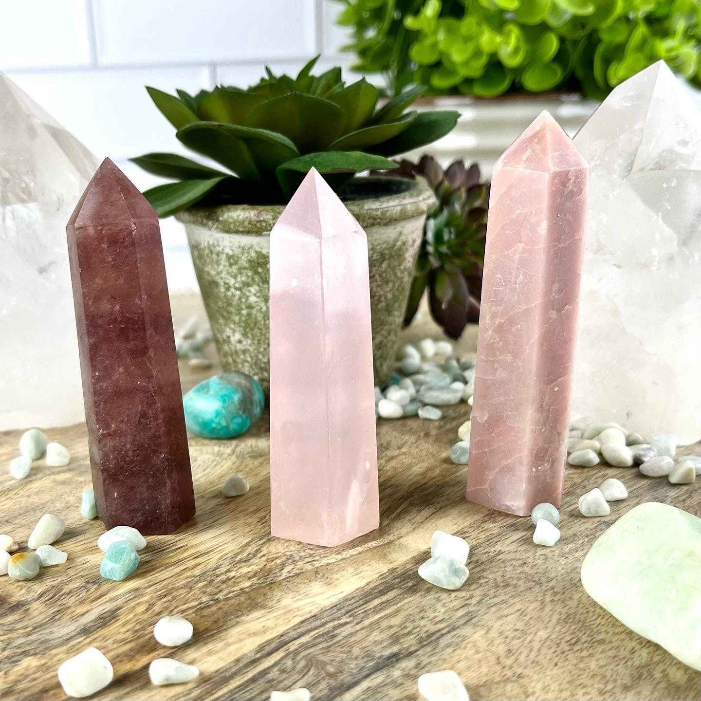Healing Energy Tower Set - Red Aventurine, Pink Opal, Rose Quartz - Love, Compassion, Positivity - Crystal Towers for Heart Chakra Balancing - Crystals for everyone • Crystals And Cord