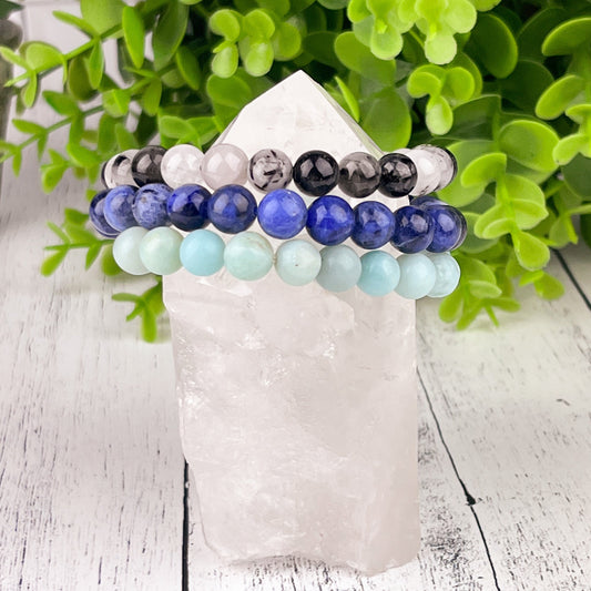 Gemstone Bracelet Set for Balance and Abundance with Sodalite, Amazonite, and Tourmalated Quartz - 8mm Stone Beads - Elastic - Set of 3 - Crystals for everyone • Crystals And Cord