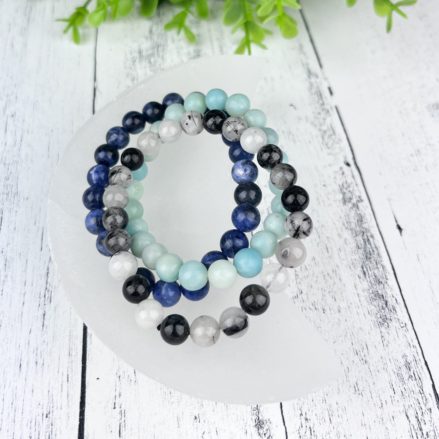 Gemstone Bracelet Set for Balance and Abundance with Sodalite, Amazonite, and Tourmalated Quartz - 8mm Stone Beads - Elastic - Set of 3 - Crystals for everyone • Crystals And Cord