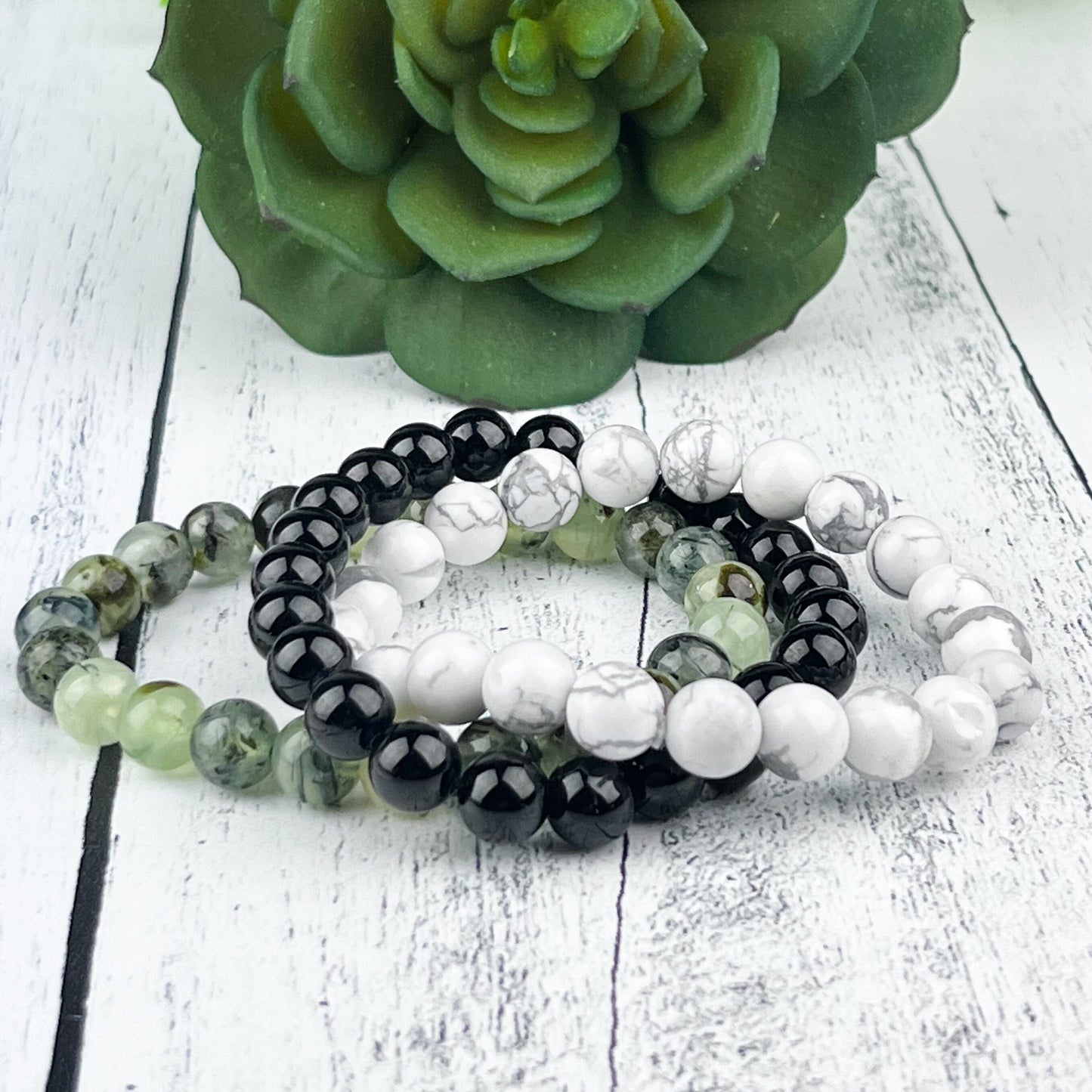 Crystal Protection Stack Bracelet Set | Black Tourmaline, Howlite, Prehnite | Anxiety Relief, Memory Enhancement, Inner Peace | 8mm Beads - Crystals for everyone • Crystals And Cord