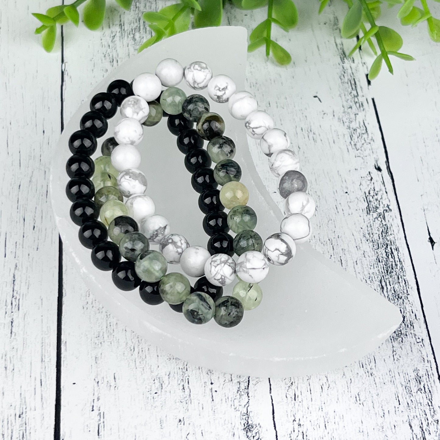 Crystal Protection Stack Bracelet Set | Black Tourmaline, Howlite, Prehnite | Anxiety Relief, Memory Enhancement, Inner Peace | 8mm Beads - Crystals for everyone • Crystals And Cord