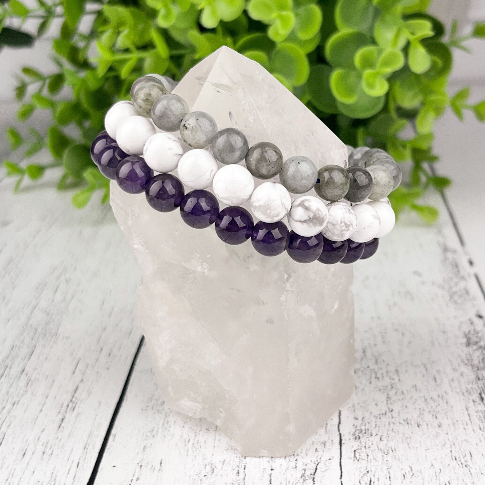 Serenity Stack Set: Amethyst, Howlite, Labradorite Gemstone Bracelets 8mm - Calm, Balance, Creativity - Set of 3 Beaded Bracelets - Crystals for everyone • Crystals And Cord