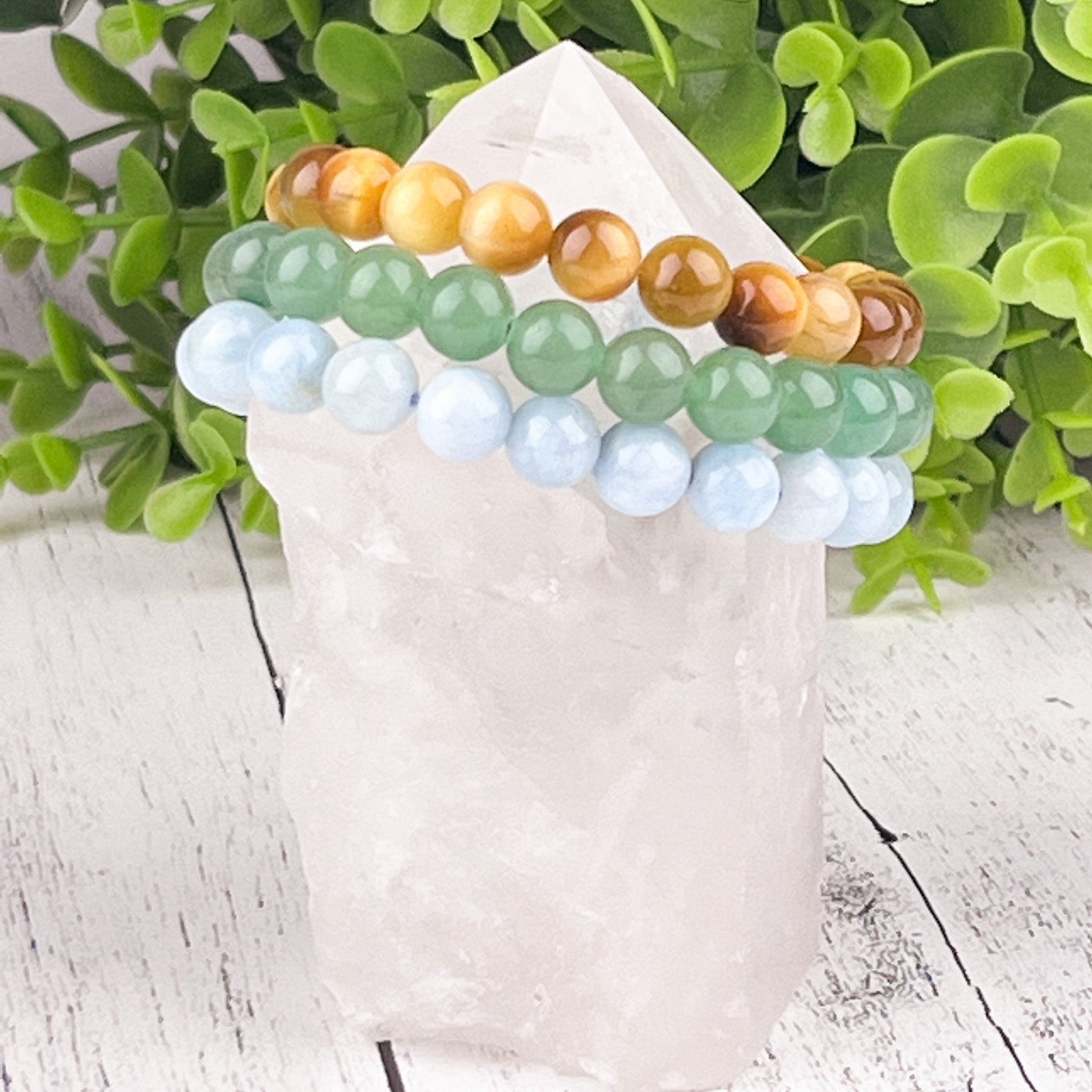 Gemstone Good Luck Bracelet Set with Green Aventurine, Aquamarine, and Tiger Eye Beads - 8mm Stack Bracelet Set for Abundance and Success - Crystals for everyone • Crystals And Cord