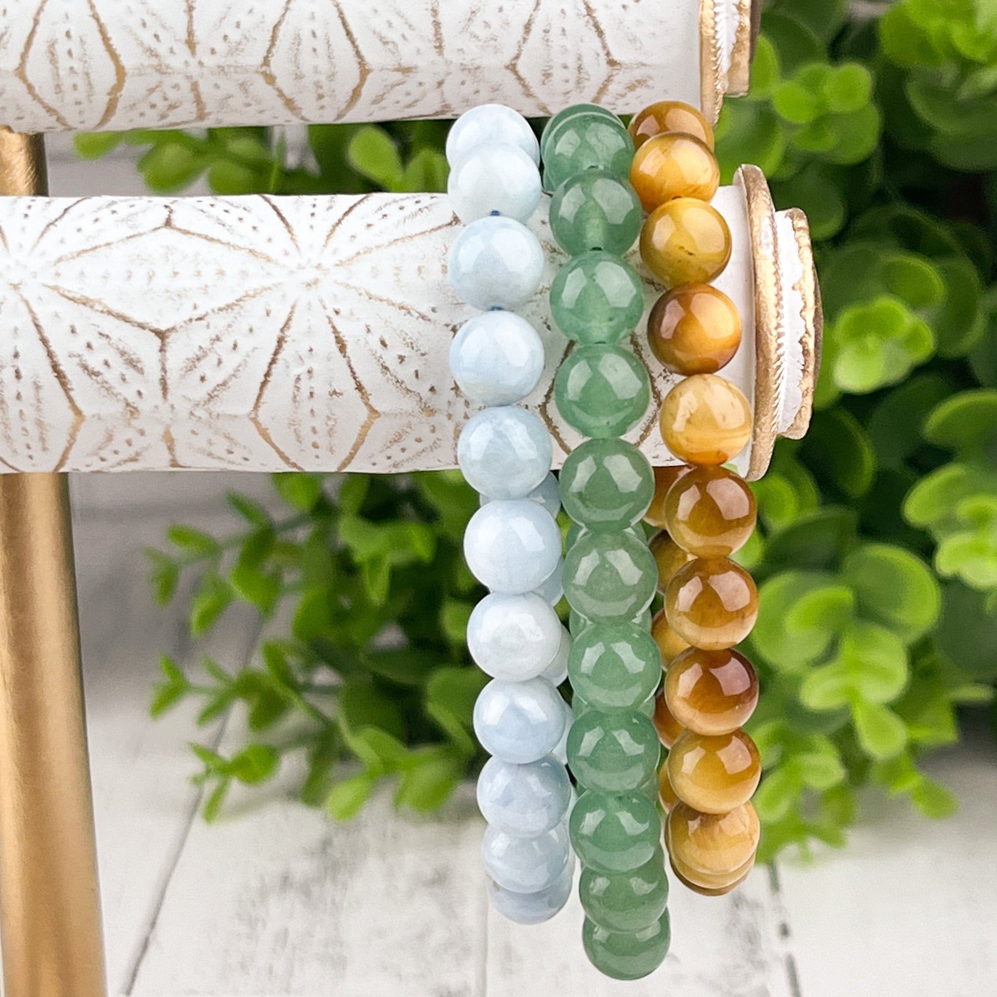 Gemstone Good Luck Bracelet Set with Green Aventurine, Aquamarine, and Tiger Eye Beads - 8mm Stack Bracelet Set for Abundance and Success - Crystals for everyone • Crystals And Cord