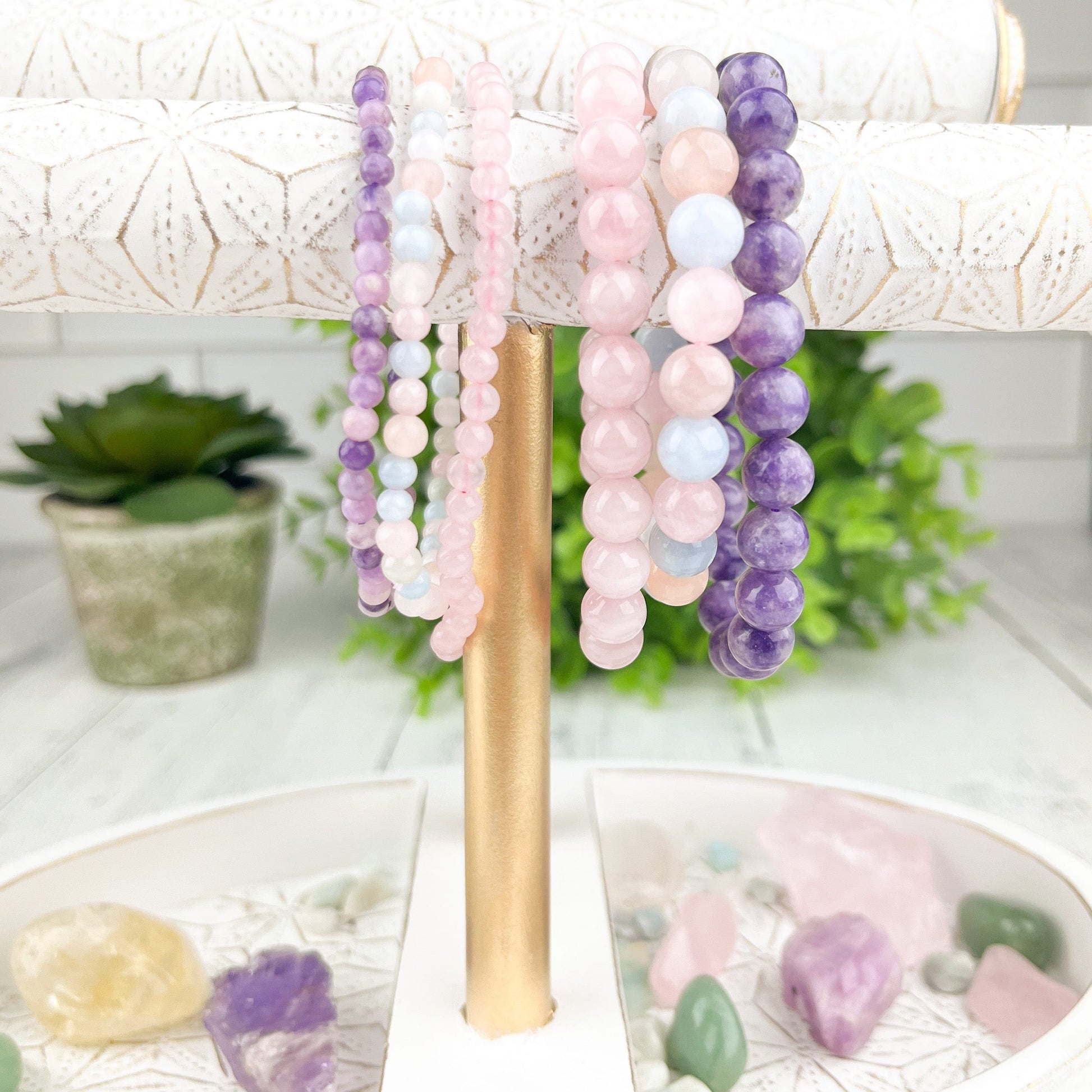 Healing Love Stack Bracelet Set with Rose Quartz, Lepidolite, and Morganite Beads - 8mm Gemstone Bracelets - Set of 3 - Crystals for everyone • Crystals And Cord