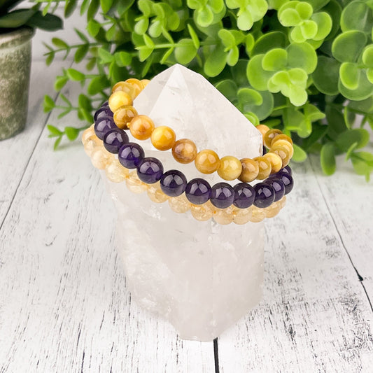 Gemstone Success Stack Bracelet Set with Amethyst, Citrine, and Tiger Eye Beads | Wealth, Prosperity, Success | Crystal Healing Bracelets | - Crystals for everyone • Crystals And Cord