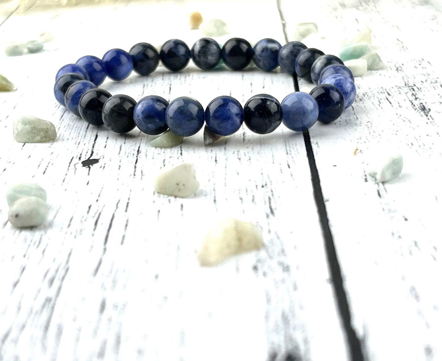 Sodalite Gemstone Bracelet for Self-Esteem & Intuition | 8mm Stone Beads on Elastic | Harmony-Inducing Energy for Grounding - Balance - Crystals for everyone • Crystals And Cord