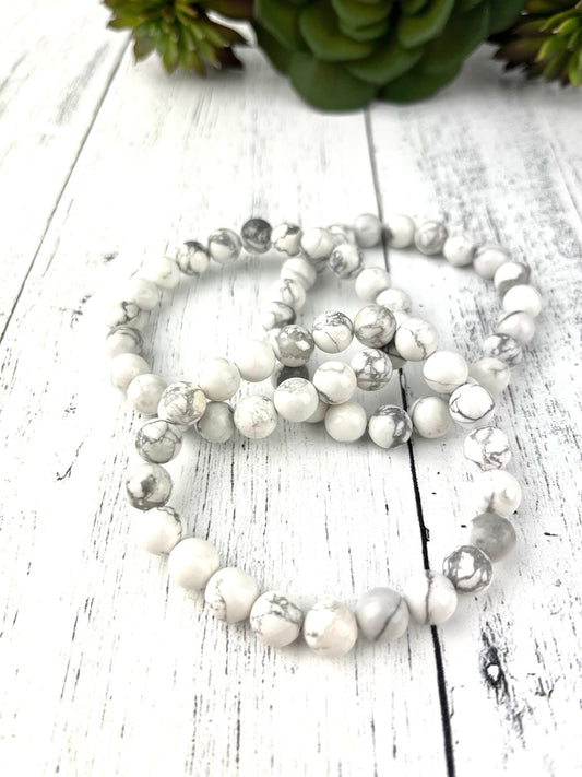 Howlite Gemstone Bracelet 8mm beads Calming Stone stimulates patience encourages emotional expression - Crystals for everyone • Crystals And Cord