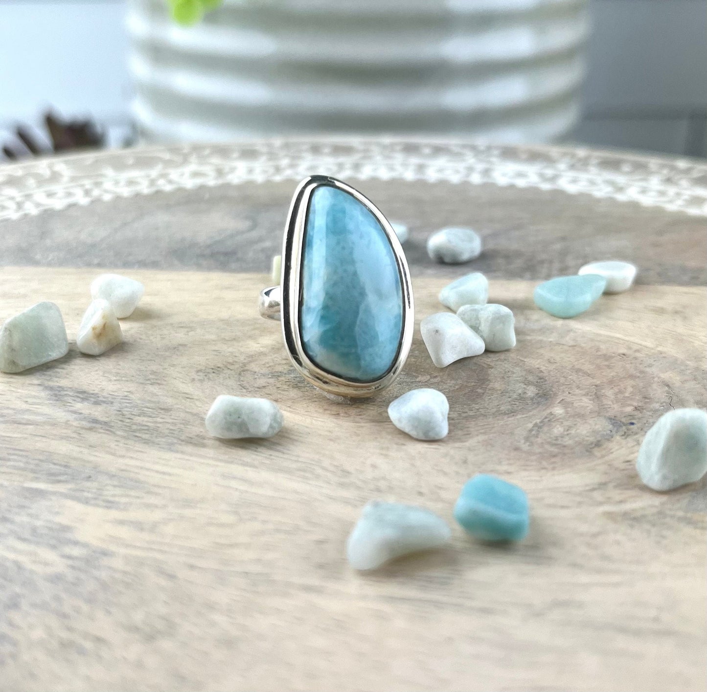 Larimar Gemstone .925 Sterling Silver Ring Represents Peace and clarity stimulates the Chakras - Crystals for everyone • Crystals And Cord