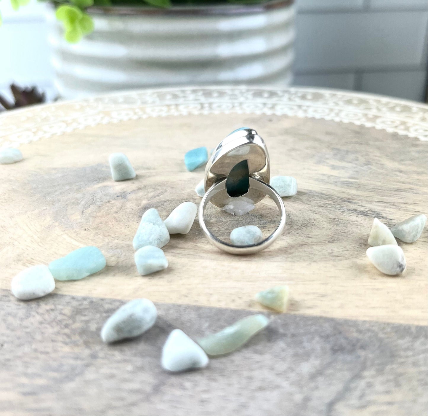 Larimar Gemstone .925 Sterling Silver Ring Represents Peace and clarity stimulates the Chakras - Crystals for everyone • Crystals And Cord