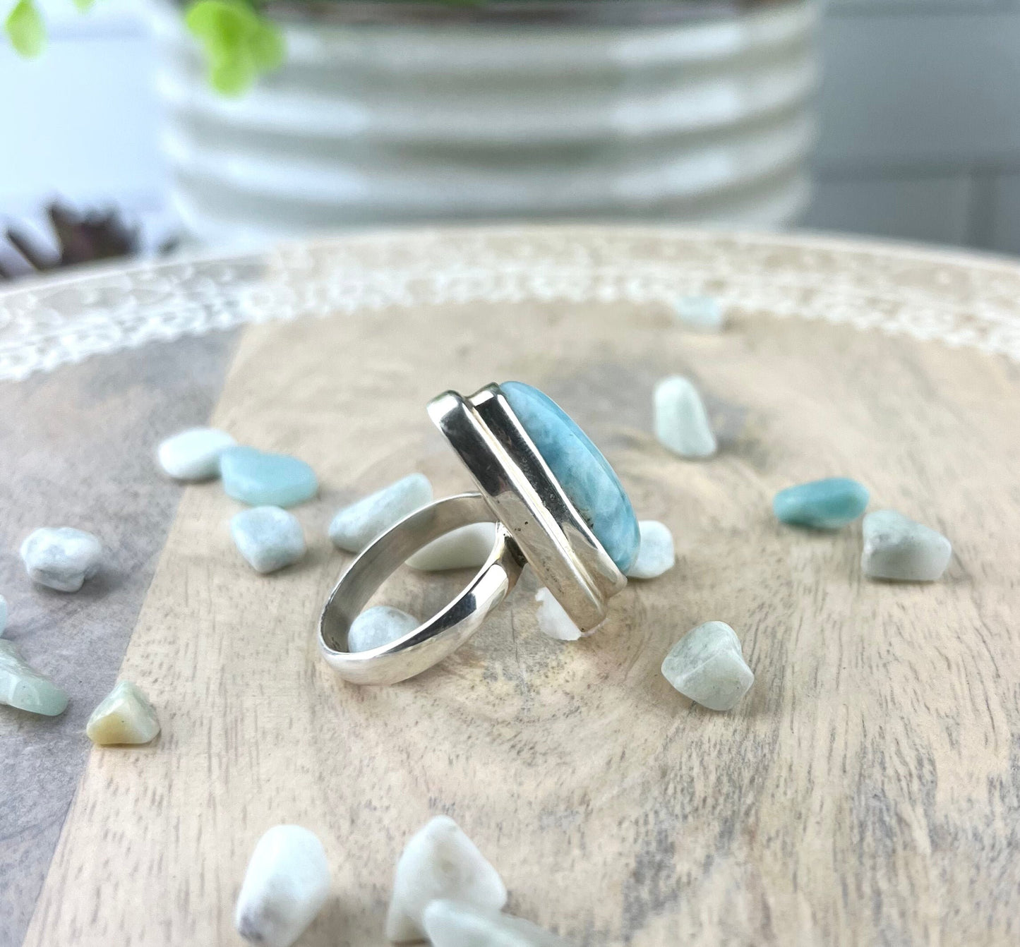 Larimar Gemstone .925 Sterling Silver Ring Represents Peace and clarity stimulates the Chakras - Crystals for everyone • Crystals And Cord