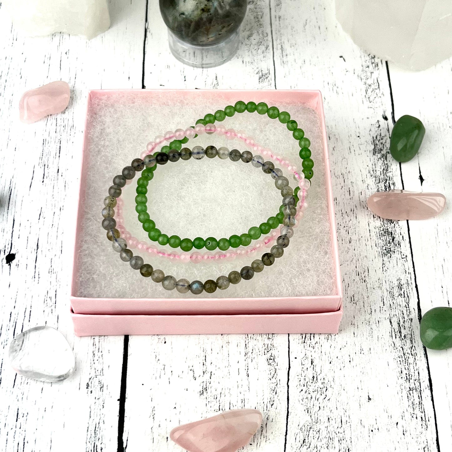 Happiness Stacking Bracelet Set • Labradorite, Rose Quartz & Green Aventurine • 4mm Beads • Crystal Healing Jewelry • Heart Chakra Gift - Crystals for everyone • Crystals And Cord