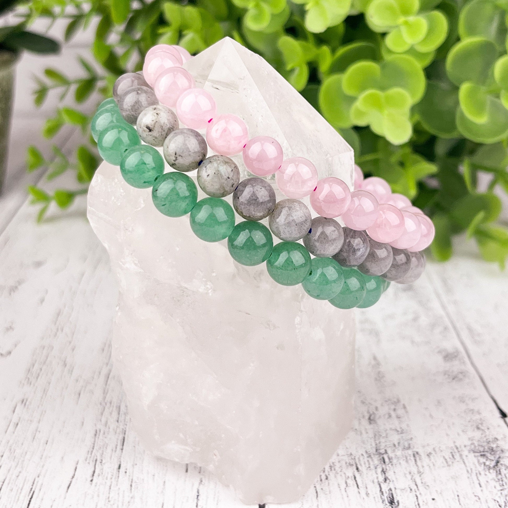 Happiness Crystal Bracelet Set 8mm • Rose Quartz, Green Aventurine & Labradorite • Stretch Gemstone Stack • Heart Chakra Healing Jewelry - Crystals for everyone • Crystals And Cord