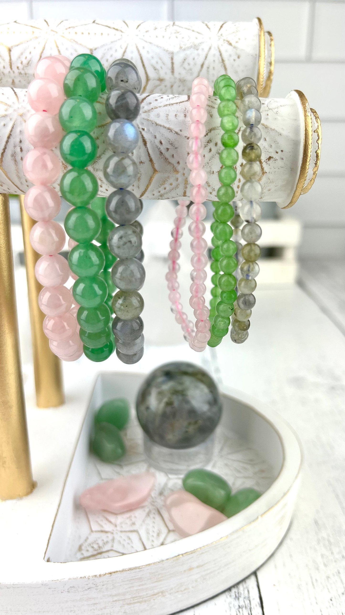 Happiness Crystal Bracelet Set 8mm • Rose Quartz, Green Aventurine & Labradorite • Stretch Gemstone Stack • Heart Chakra Healing Jewelry - Crystals for everyone • Crystals And Cord