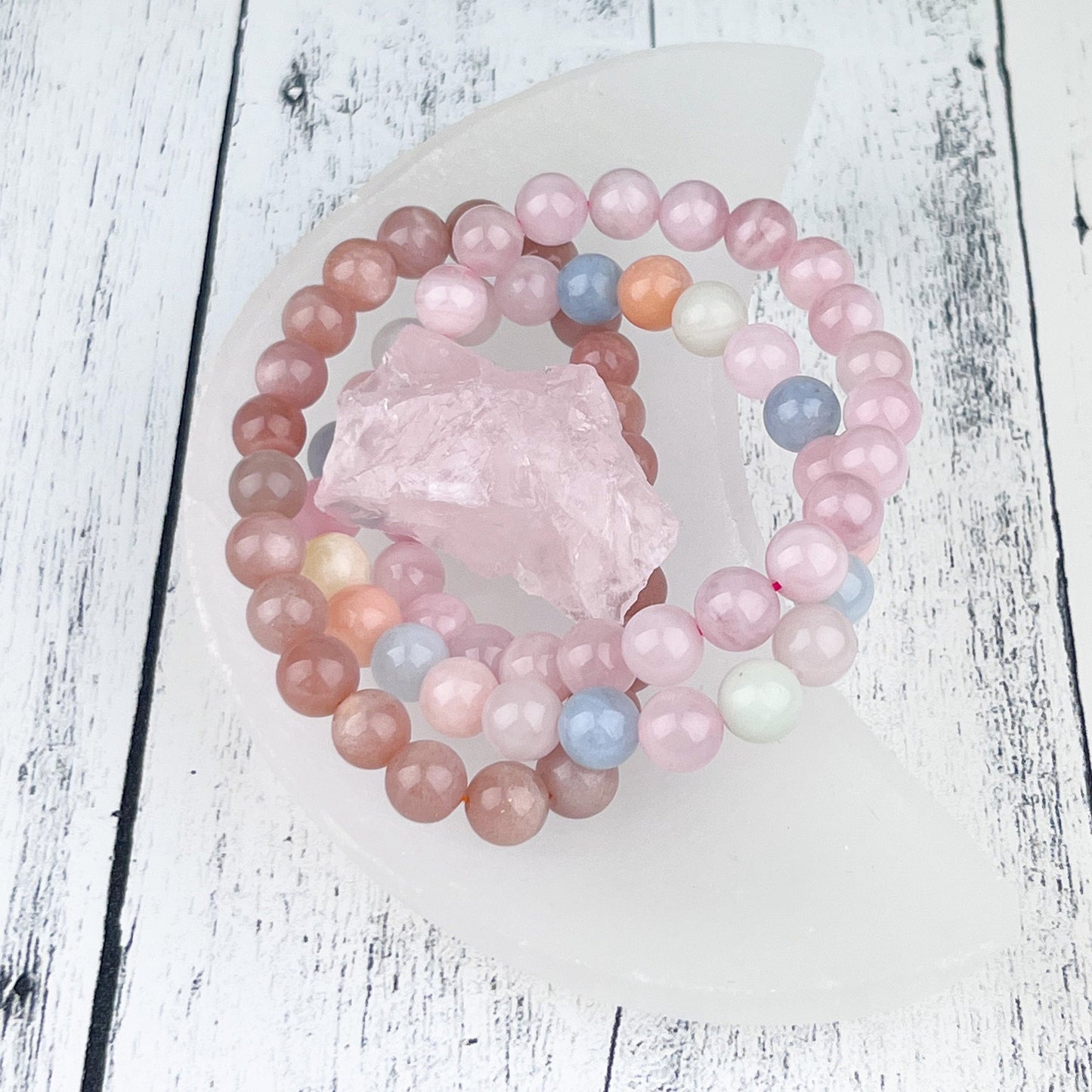 Self Love Stack Gemstone Bracelet Set - Rose Quartz, Peach Moonstone, Morganite - Emotional Healing, Calming Energy, Self-Love - 8mm Beads - Crystals for everyone • Crystals And Cord