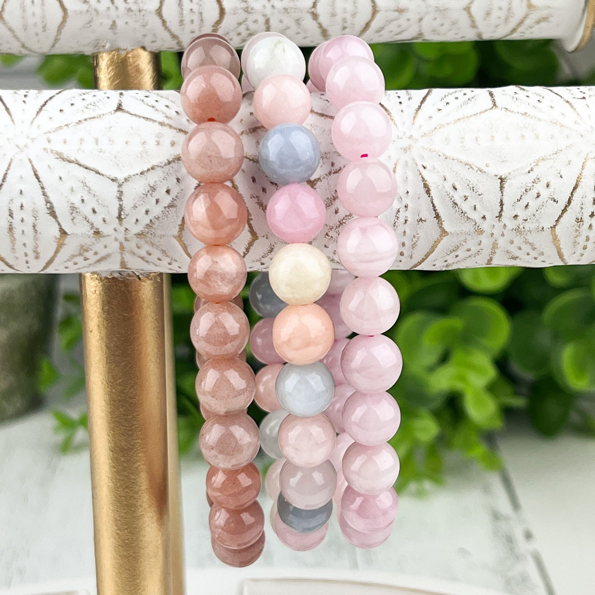 Self Love Stack Gemstone Bracelet Set - Rose Quartz, Peach Moonstone, Morganite - Emotional Healing, Calming Energy, Self-Love - 8mm Beads - Crystals for everyone • Crystals And Cord