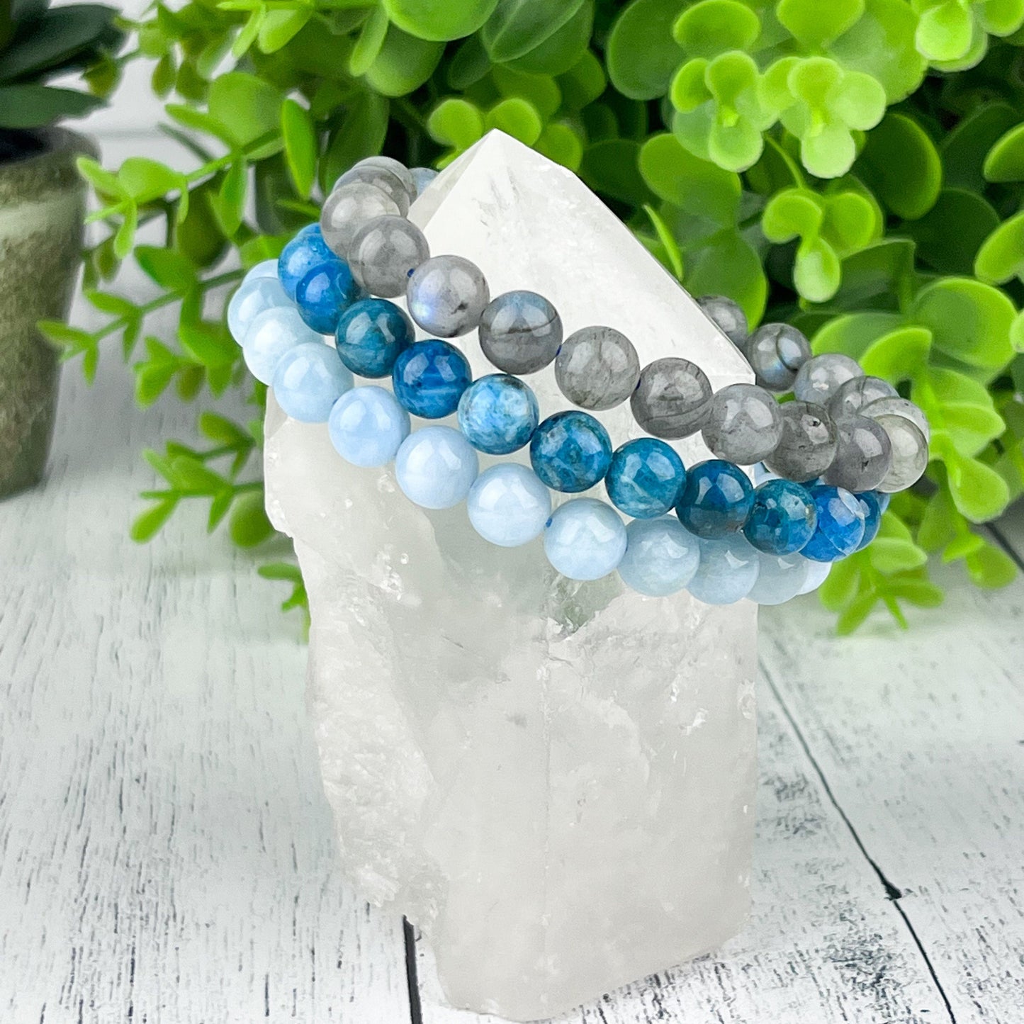 Gemstone Bracelet Set for Creativity, Stress Relief, and Manifestation Labradorite, Blue Apatite and Aquamarine - Crystals for everyone • Crystals And Cord