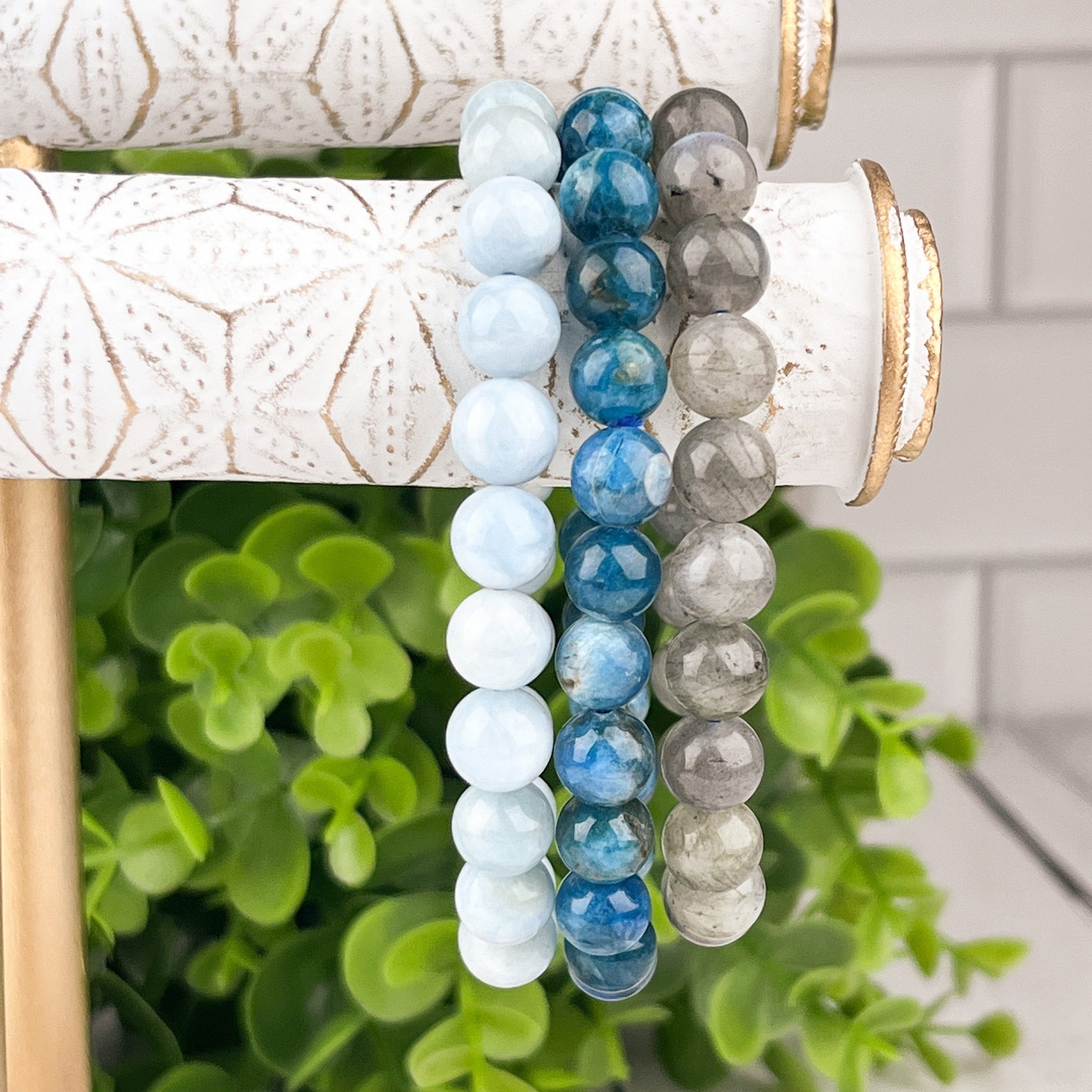 Gemstone Bracelet Set for Creativity, Stress Relief, and Manifestation Labradorite, Blue Apatite and Aquamarine - Crystals for everyone • Crystals And Cord