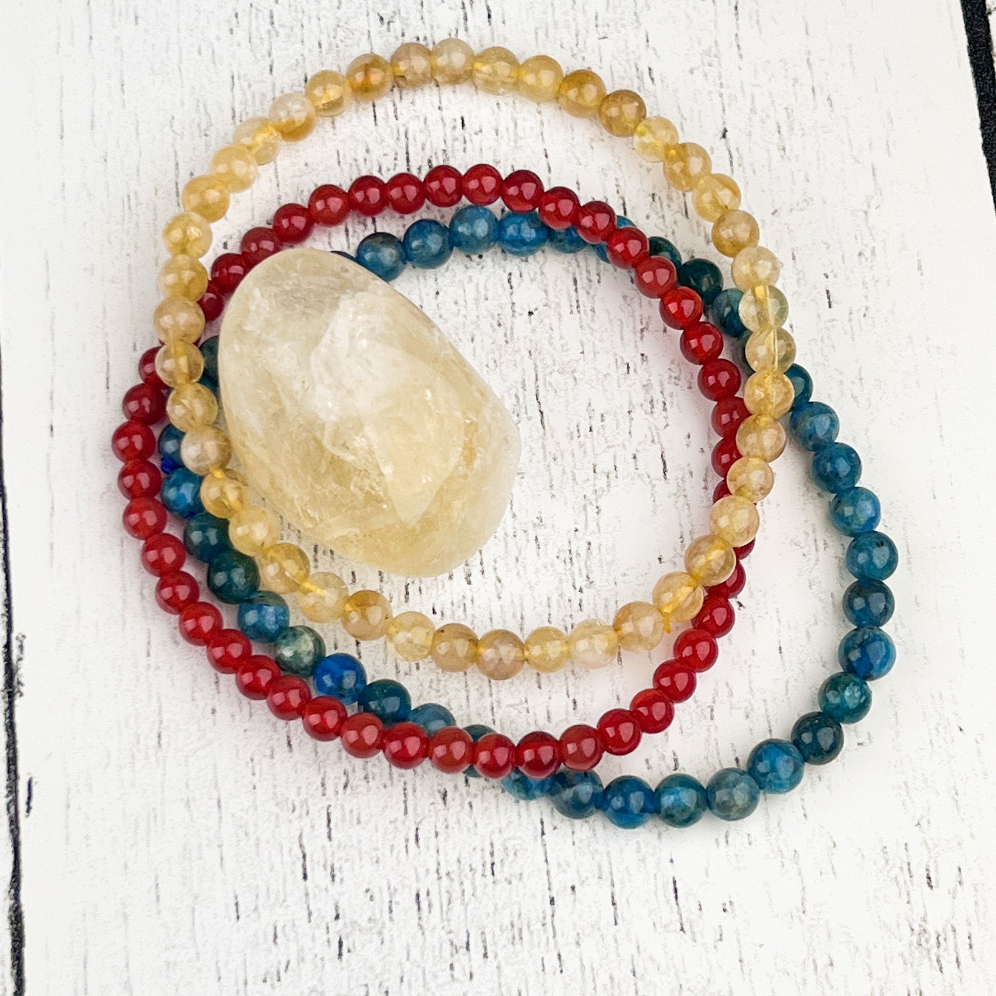 Manifestation and Creativity Gemstone Bracelet Set - Blue Apatite, Citrine, Carnelian - Energy Stack Set 4mm - Crystals for everyone • Crystals And Cord