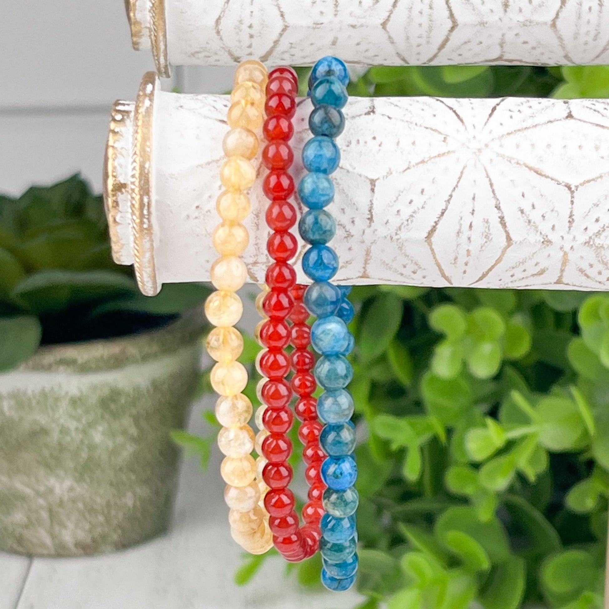 Manifestation and Creativity Gemstone Bracelet Set - Blue Apatite, Citrine, Carnelian - Energy Stack Set 4mm - Crystals for everyone • Crystals And Cord