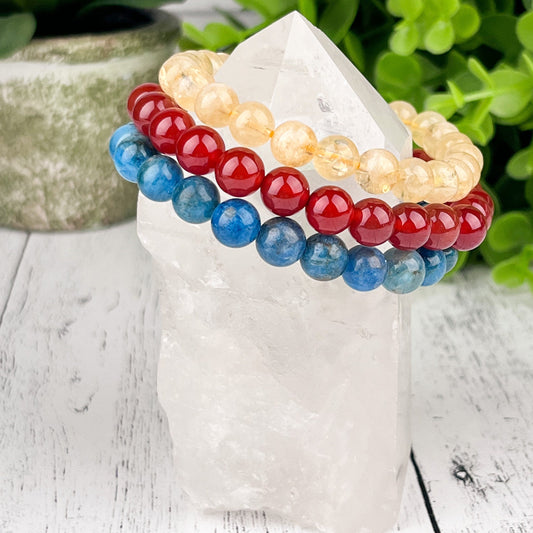 Manifestation and Creativity Gemstone Bracelet Set - Blue Apatite, Citrine, and Carnelian - Energy Stack Set 8mm - Crystals for everyone • Crystals And Cord
