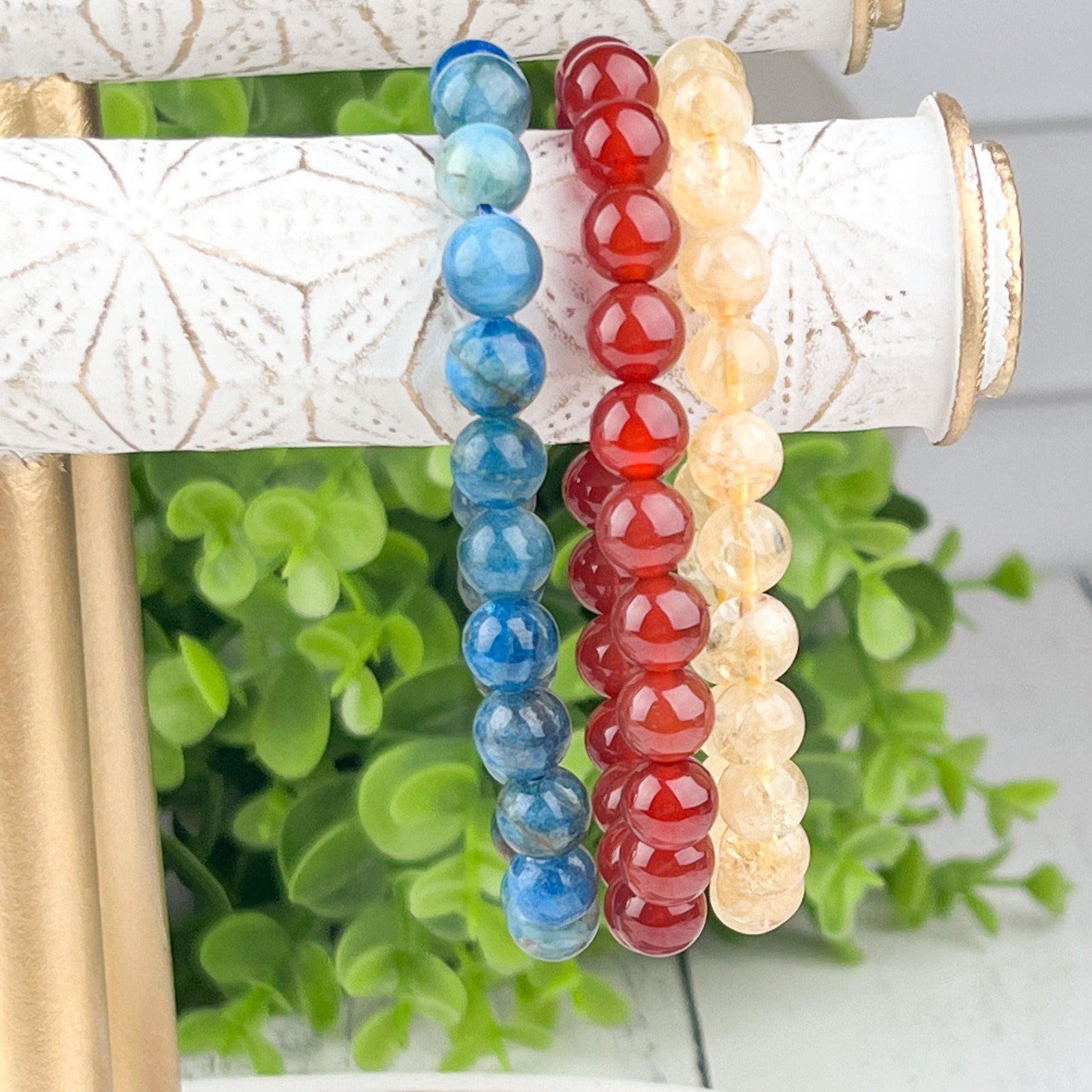 Manifestation and Creativity Gemstone Bracelet Set - Blue Apatite, Citrine, and Carnelian - Energy Stack Set 8mm - Crystals for everyone • Crystals And Cord
