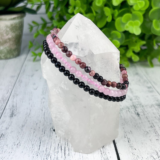 Stress Relief Gemstone Bracelet Set, Rose Quartz, Rhodonite, Black Tourmaline, 4mm Beads, Healing Crystals, Calming Energy Jewelry - Crystals for everyone • Crystals And Cord