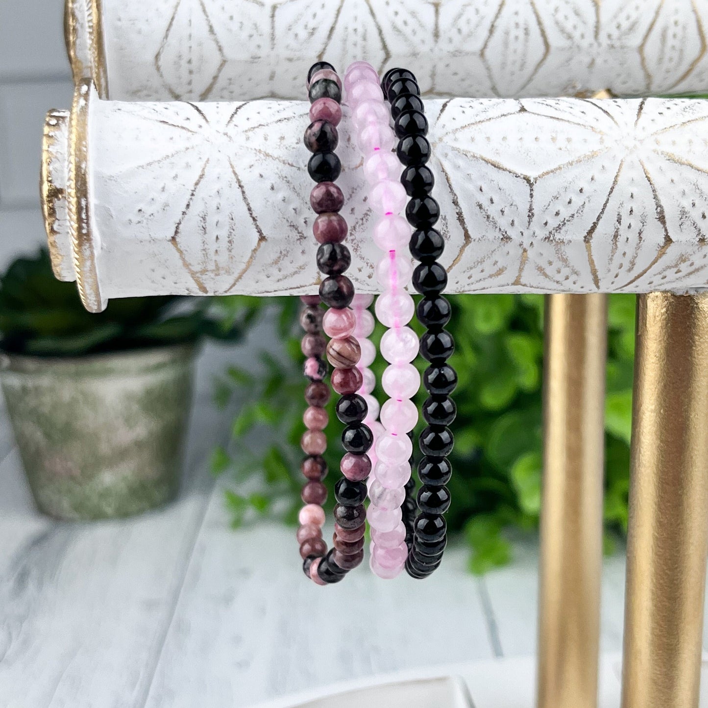 Stress Relief Gemstone Bracelet Set, Rose Quartz, Rhodonite, Black Tourmaline, 4mm Beads, Healing Crystals, Calming Energy Jewelry - Crystals for everyone • Crystals And Cord
