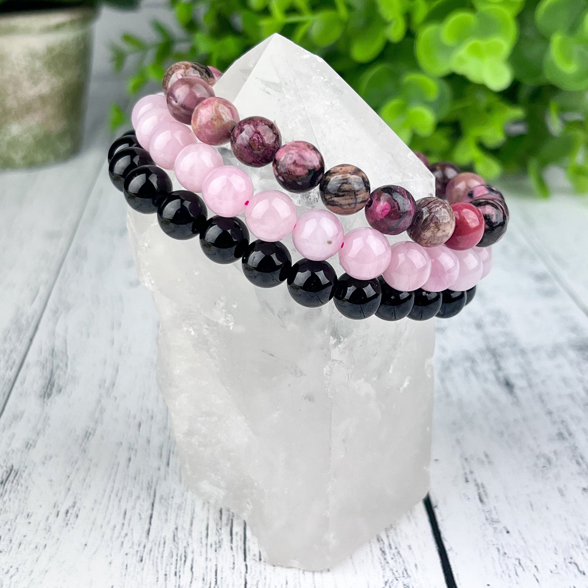 Set of 3 Healing Crystal Stacking Bracelets 8mm for Stress Relief, Rose Quartz Rhodonite Black Tourmaline Gemstones, Calming Energy Jewelry - Crystals for everyone • Crystals And Cord