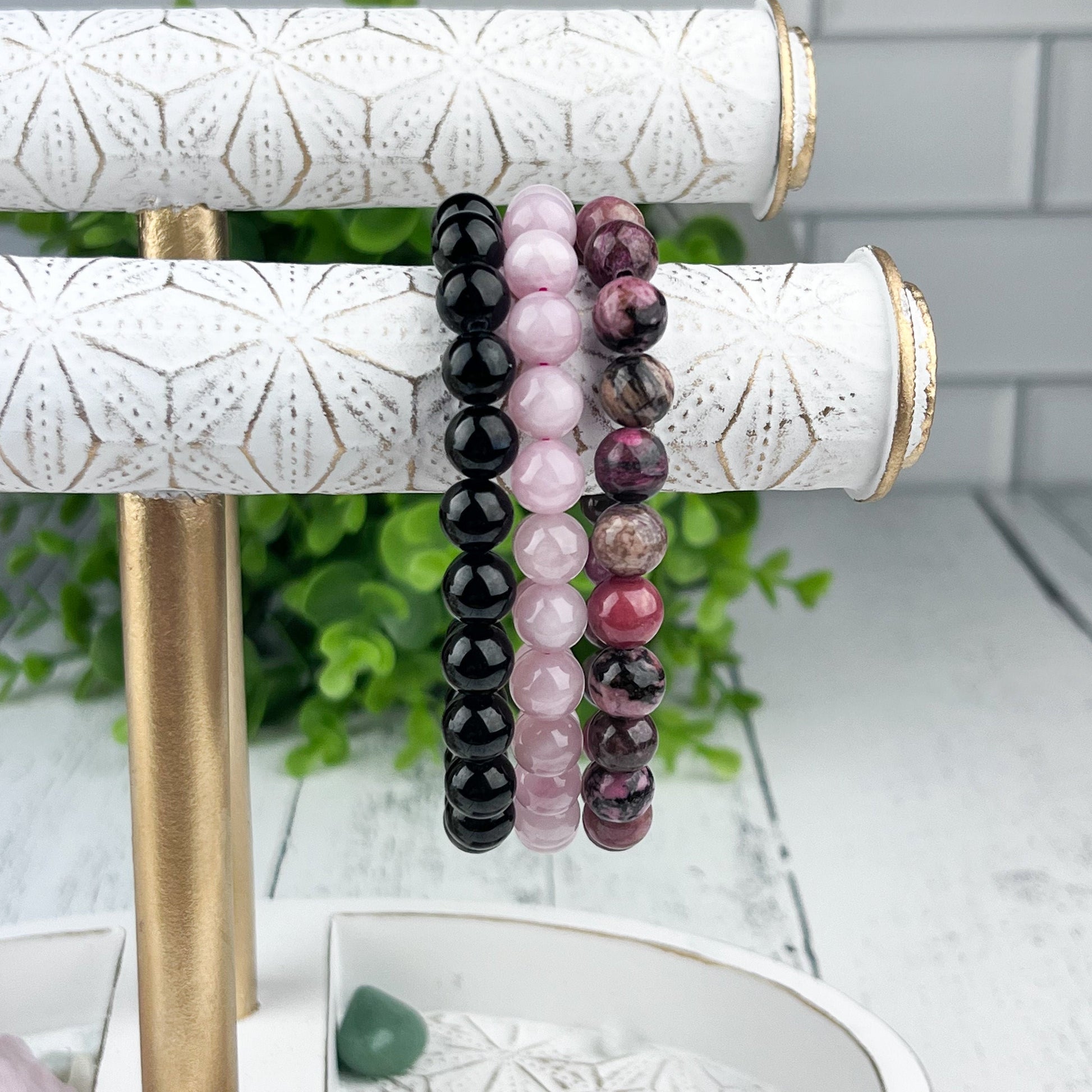Set of 3 Healing Crystal Stacking Bracelets 8mm for Stress Relief, Rose Quartz Rhodonite Black Tourmaline Gemstones, Calming Energy Jewelry - Crystals for everyone • Crystals And Cord