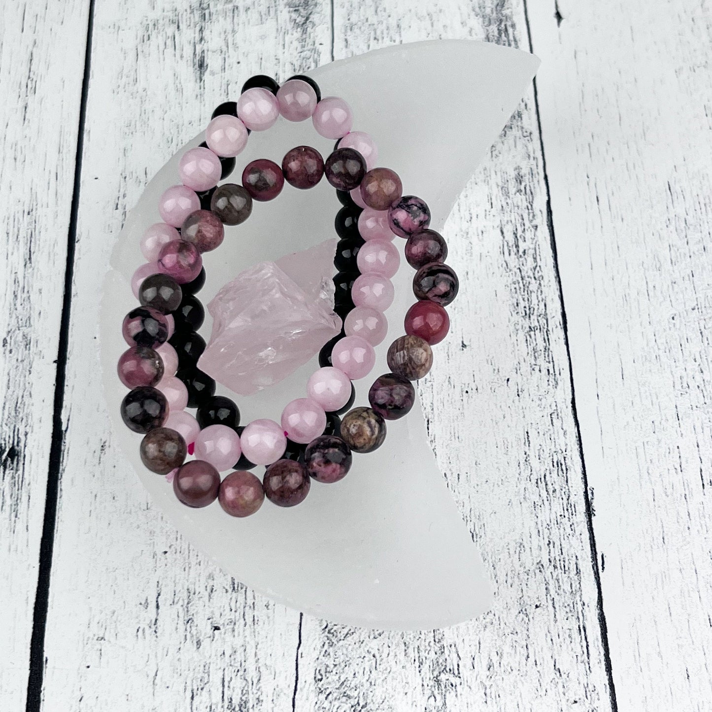 Set of 3 Healing Crystal Stacking Bracelets 8mm for Stress Relief, Rose Quartz Rhodonite Black Tourmaline Gemstones, Calming Energy Jewelry - Crystals for everyone • Crystals And Cord