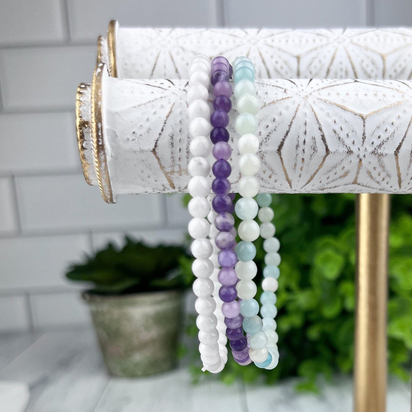 Gemstone Harmony Stack Bracelet Set with Amazonite, Lepidolite & Moonstone Beads for Inner Balance - Emotional Wellbeing - Crystals for everyone • Crystals And Cord