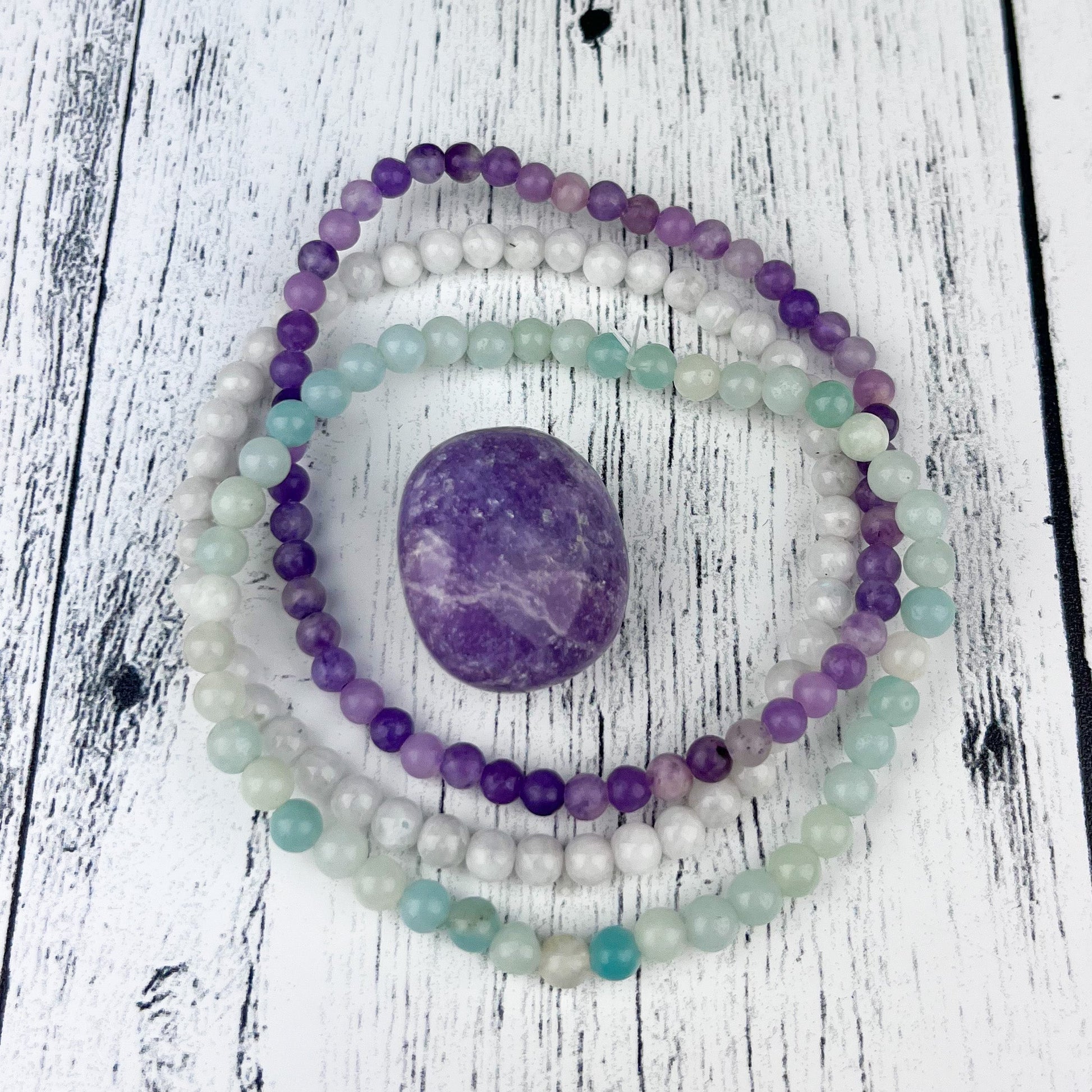 Gemstone Harmony Stack Bracelet Set with Amazonite, Lepidolite & Moonstone Beads for Inner Balance - Emotional Wellbeing - Crystals for everyone • Crystals And Cord