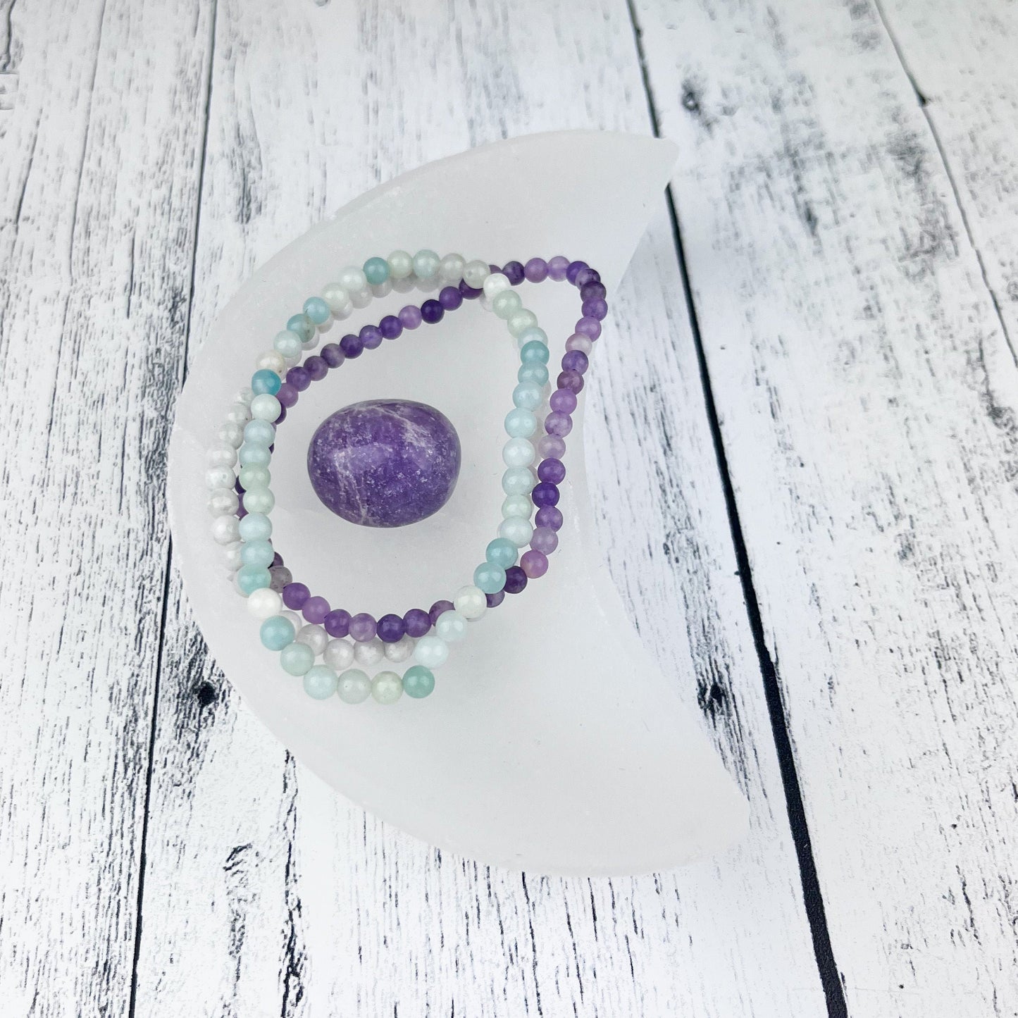 Gemstone Harmony Stack Bracelet Set with Amazonite, Lepidolite & Moonstone Beads for Inner Balance - Emotional Wellbeing - Crystals for everyone • Crystals And Cord