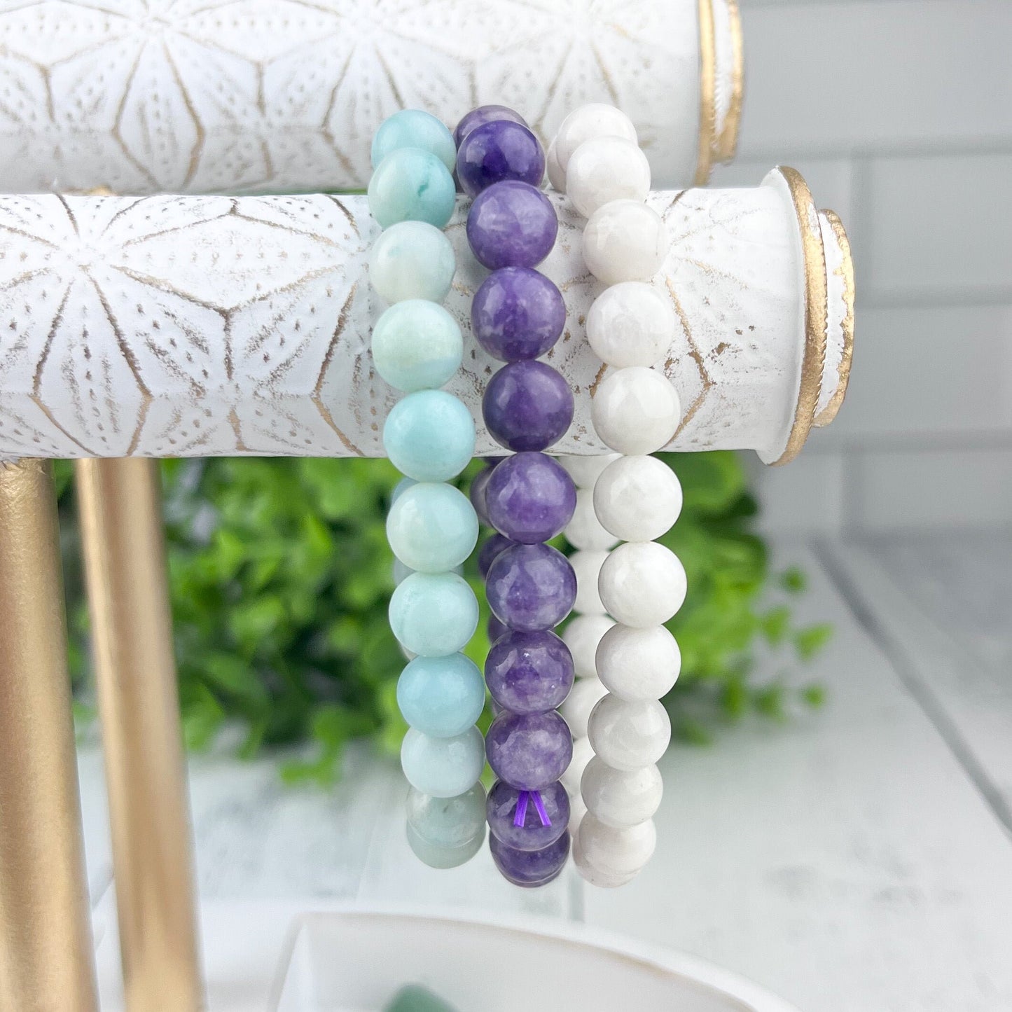 Harmony Stack Bracelet Set: Amazonite, Lepidolite, White Moonstone - Gemstone beaded bracelets for balance, self-love, and new beginnings - Crystals for everyone • Crystals And Cord