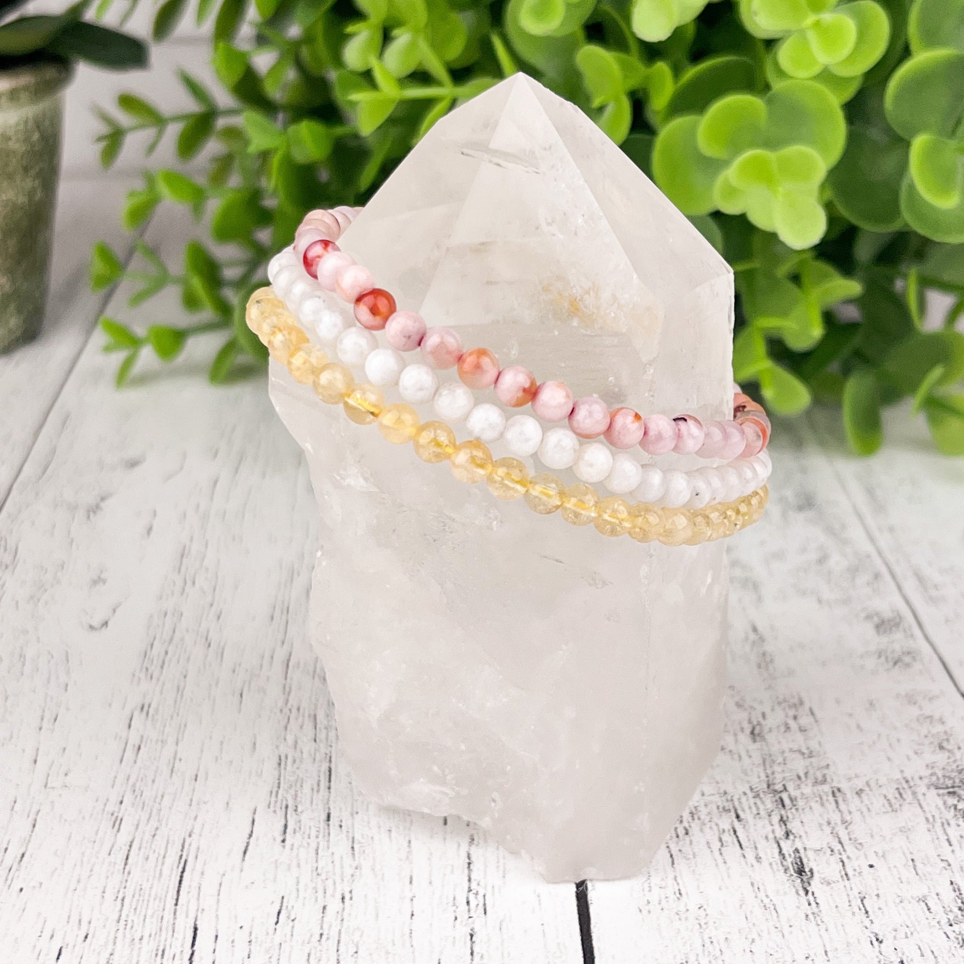 Gemstone Bracelet Stack Set for New Beginnings: Citrine, Flower Agate, Moonstone 4mm Beads - Wealth, Manifestation, Inner Peace - Crystals for everyone • Crystals And Cord
