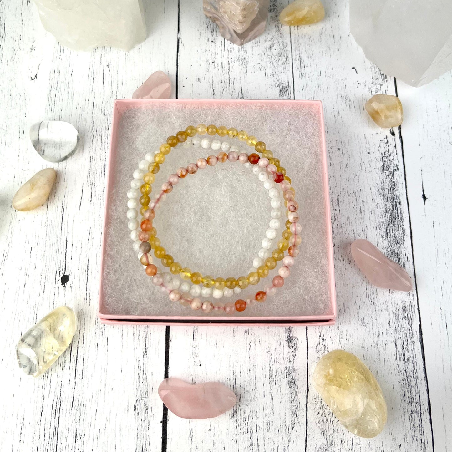 Gemstone Bracelet Stack Set for New Beginnings: Citrine, Flower Agate, Moonstone 4mm Beads - Wealth, Manifestation, Inner Peace - Crystals for everyone • Crystals And Cord