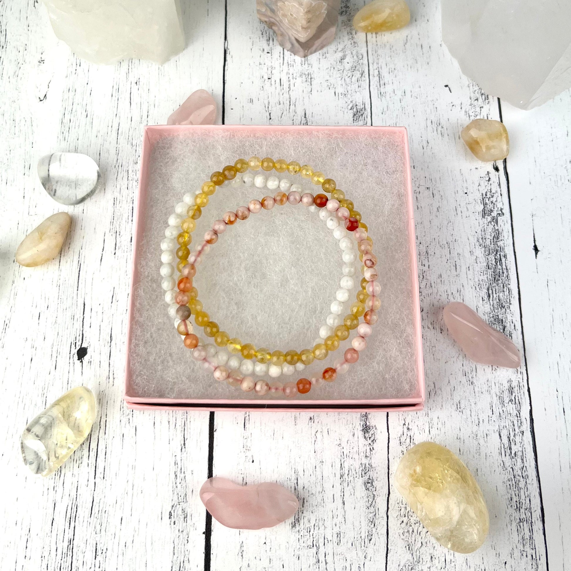 Gemstone Bracelet Stack Set for New Beginnings: Citrine, Flower Agate, Moonstone 4mm Beads - Wealth, Manifestation, Inner Peace - Crystals for everyone • Crystals And Cord