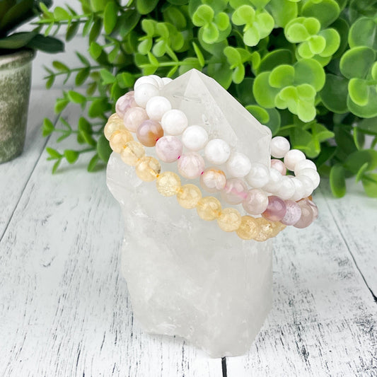 Gemstone Bracelet Set – Citrine, Flower Agate, Moonstone | New Beginnings Stack for Wealth and Confidence Gift - Crystals for everyone • Crystals And Cord