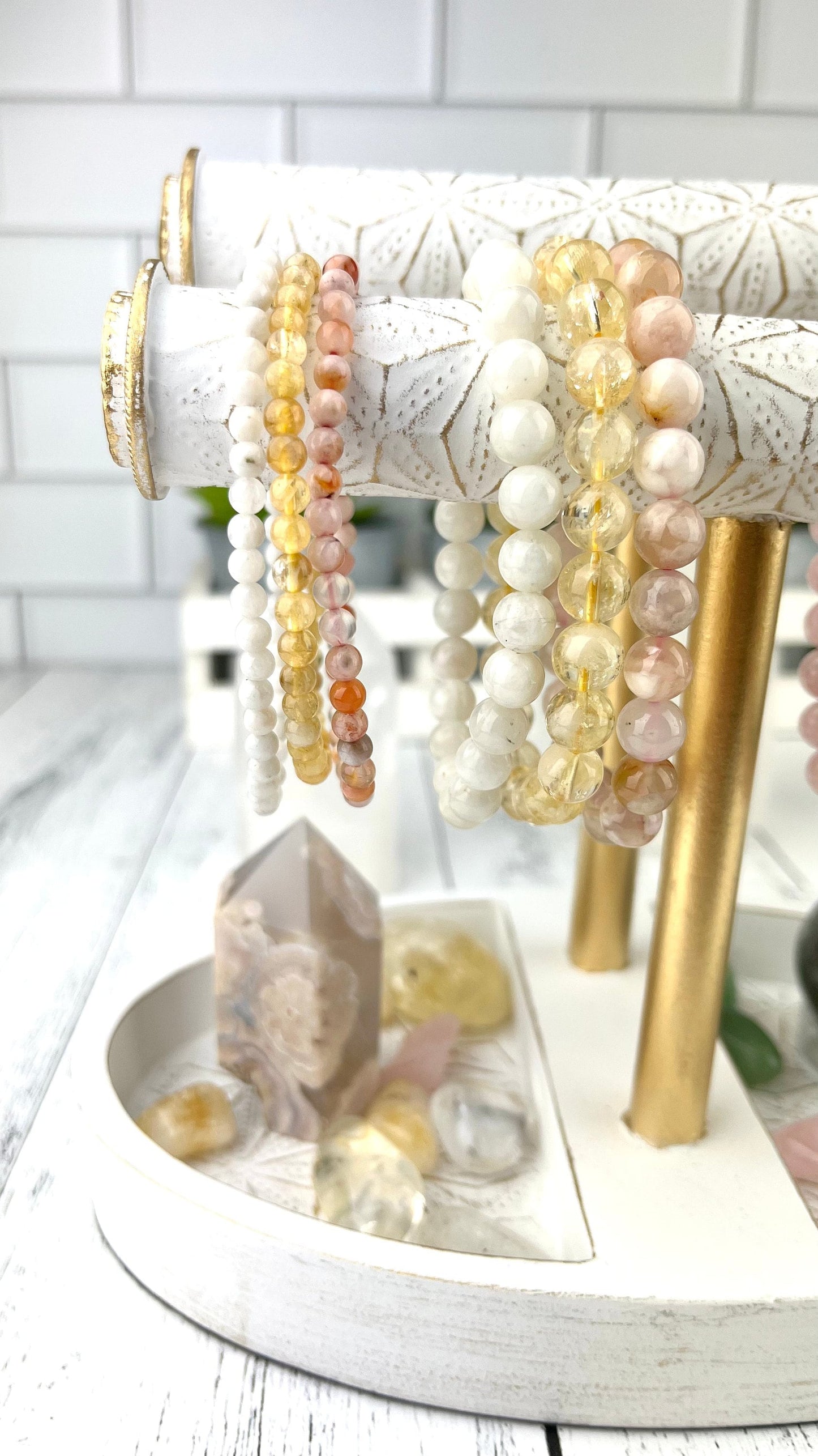 Gemstone Bracelet Set – Citrine, Flower Agate, Moonstone | New Beginnings Stack for Wealth and Confidence Gift - Crystals for everyone • Crystals And Cord