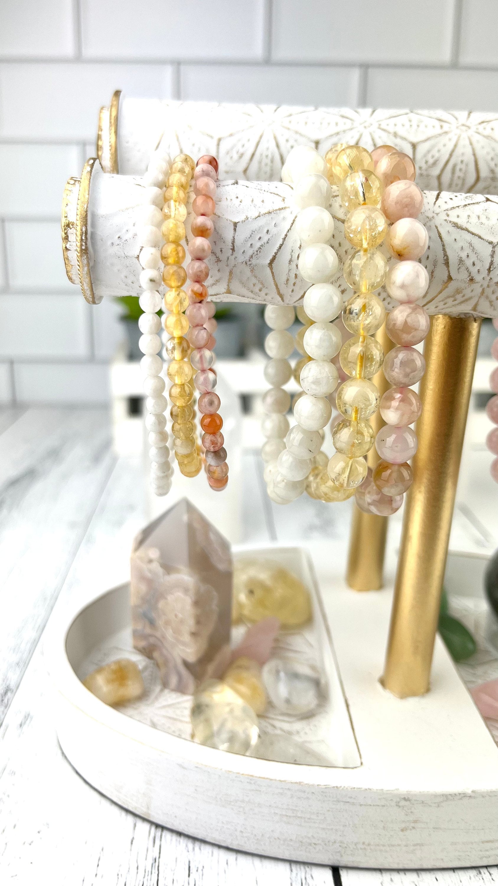 Gemstone Bracelet Set – Citrine, Flower Agate, Moonstone | New Beginnings Stack for Wealth and Confidence Gift - Crystals for everyone • Crystals And Cord
