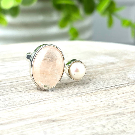 Divine Love and Healing Morganite Pearl Ring - Adjustable Size 8-10 - Sterling Silver Gemstone Ring with Calming Energy for Love - Crystals for everyone • Crystals And Cord