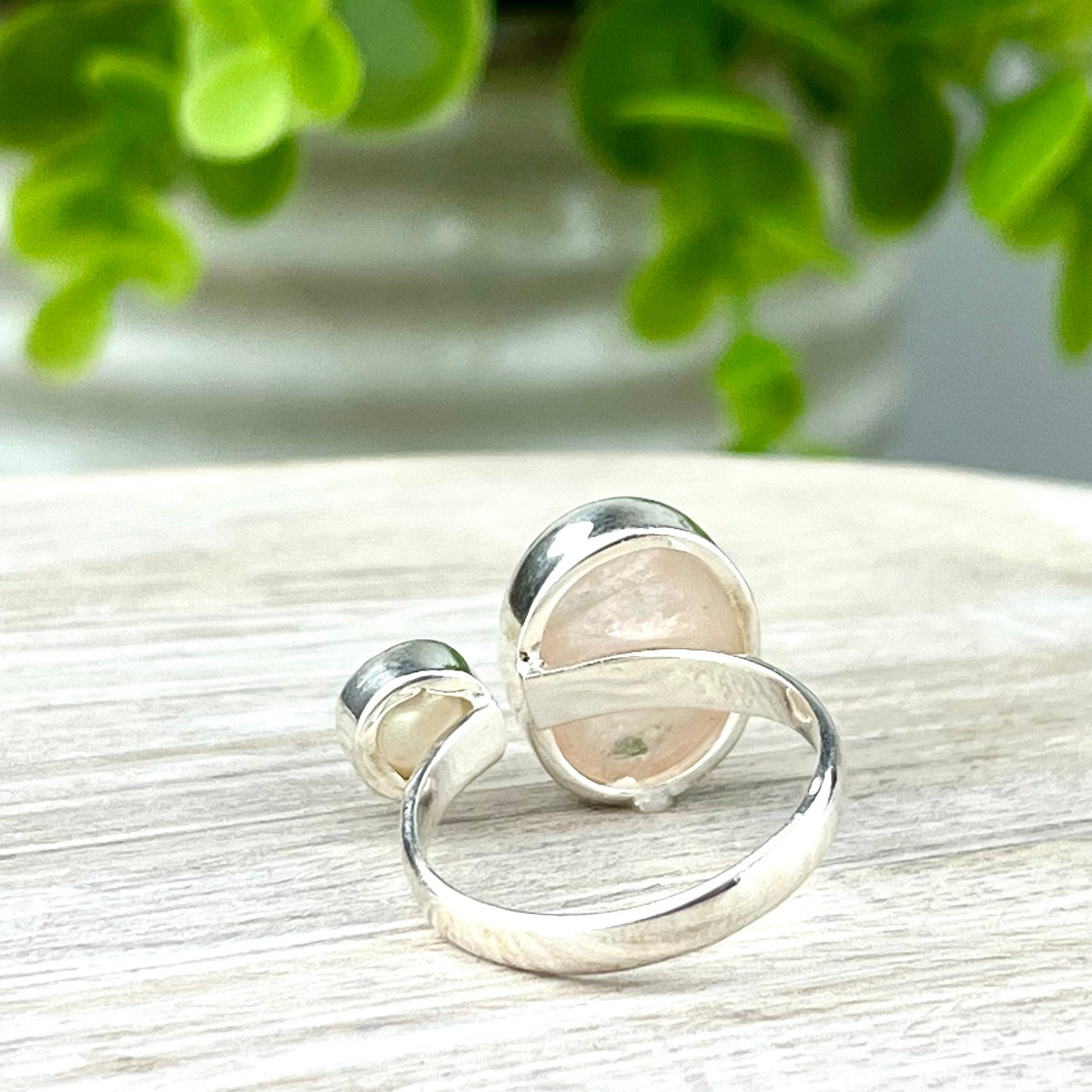 Divine Love and Healing Morganite Pearl Ring - Adjustable Size 8-10 - Sterling Silver Gemstone Ring with Calming Energy for Love - Crystals for everyone • Crystals And Cord