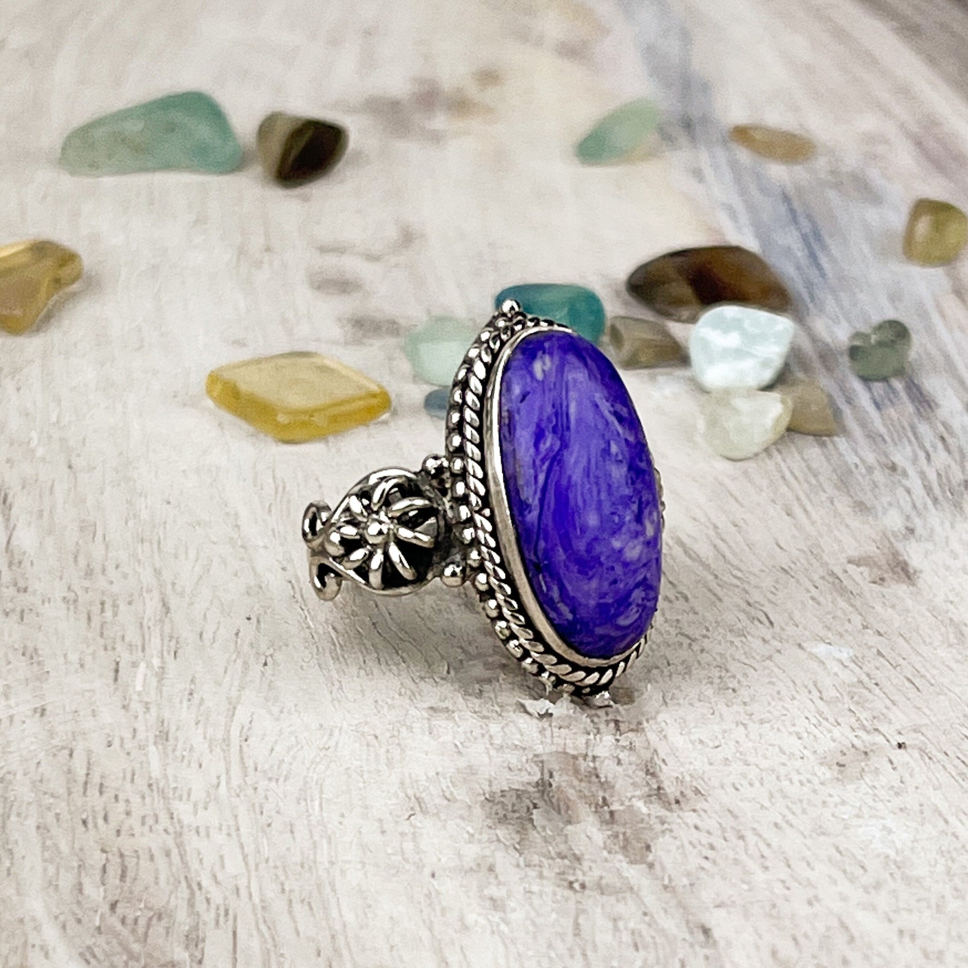 Mystical Charoite Sterling Silver Ring - Empower Transformation and Spiritual Insight with Purple Ray Energy - Size 7 - Crystals for everyone • Crystals And Cord